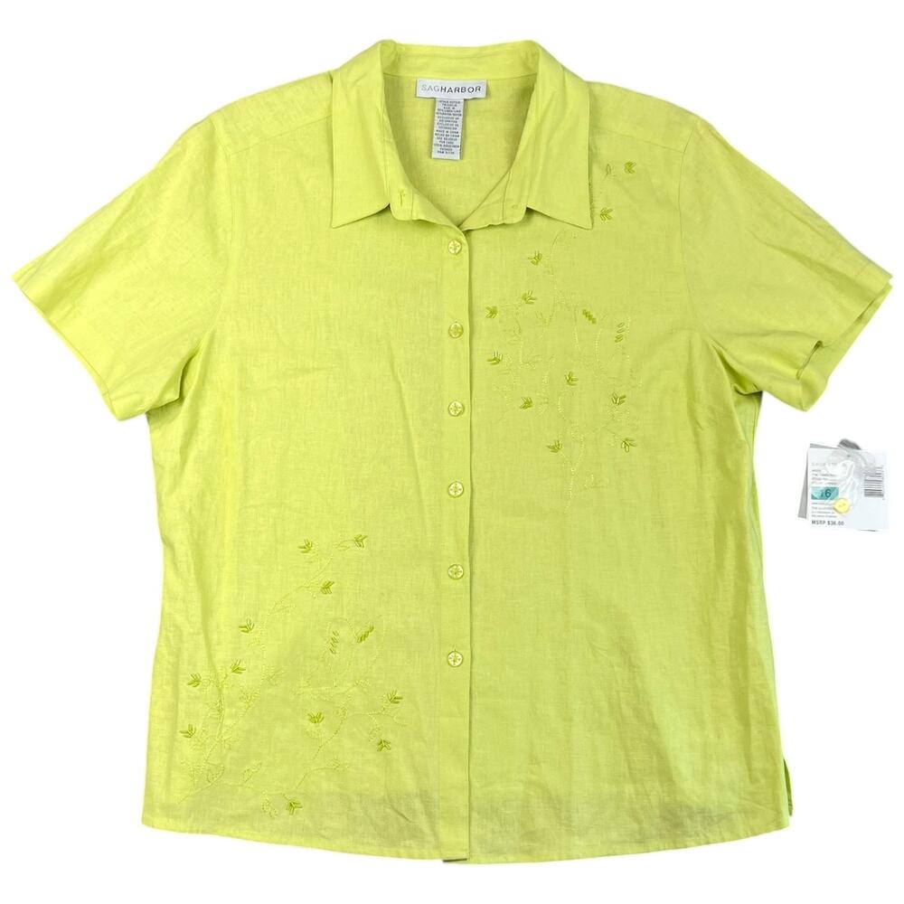 NWT Sag Harbor Linen Blend Blouse Lime Green Embroidered Button Front Top - 16